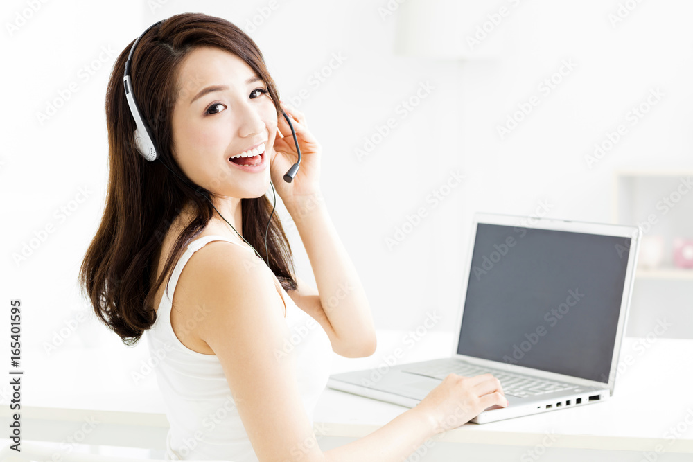 beautiful young smiling woman with laptop and headphone beautiful young smiling woman with laptop and headphone