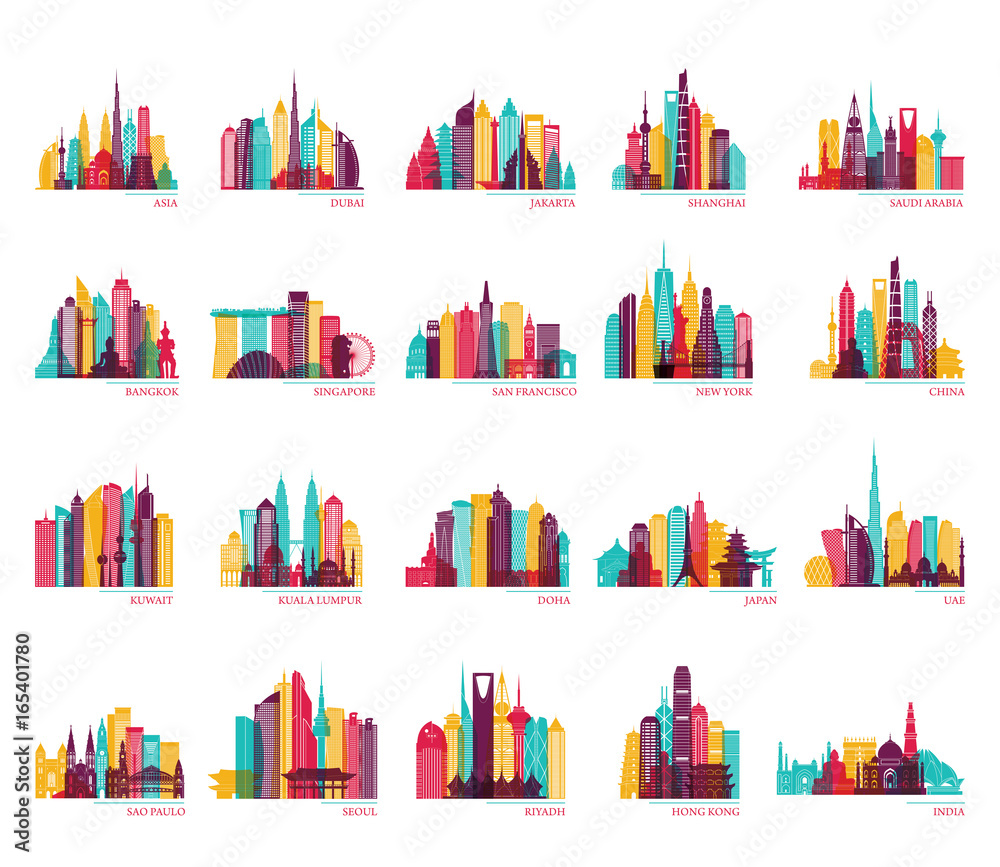 Skyline silhouette set (India, China, Japan, Seoul, Jakarta, Bangkok, Kuwait, Dubai, Saudi Arabia, Riyadh, Doha, Shanghai, New York and other). Travel and tourism vector background.