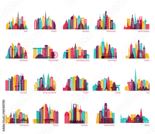 Skyline silhouette set (India, China, Japan, Seoul, Jakarta, Bangkok, Kuwait, Dubai, Saudi Arabia, Riyadh, Doha, Shanghai, New York and other). Travel and tourism vector background.