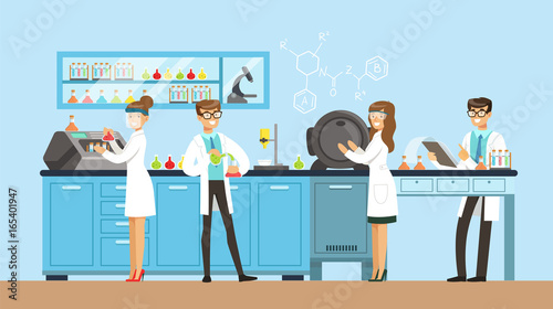 Scientists man and woman working in a lab, interior of science laboratory, vector Illustration