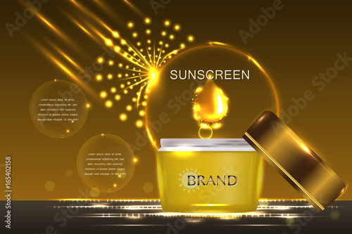 Cosmetic container with advertising background ready to use, sun protection concept skin care ad. Illustration vector