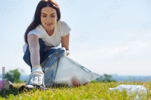 Motivated lively woman supporting local eco imitative