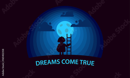Dreams come true. Child with a stepladder on the moon background. Flat style conceptual illustration.
