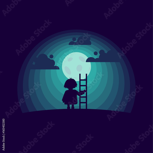 Child with a stepladder on the moon background. Flat style conceptual illustration.