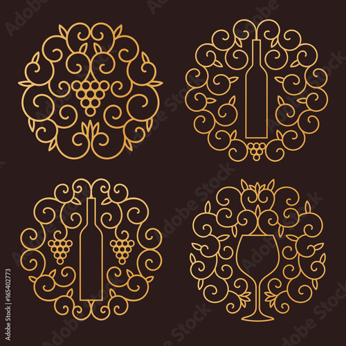 Vector wine logo. Outline emblem. Bottle, glass and grape with curls