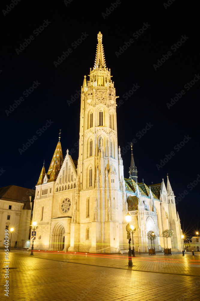 Beautiful church of St. Matthias with night illumination. Budapest