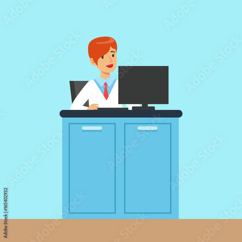 Female scientist working at a computer in a lab, administrator of the scientific center interior of science laboratory, vector Illustration