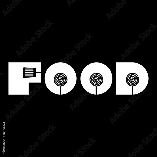 Icono plano FOOD con espumaderas blanco sobre fondo negro