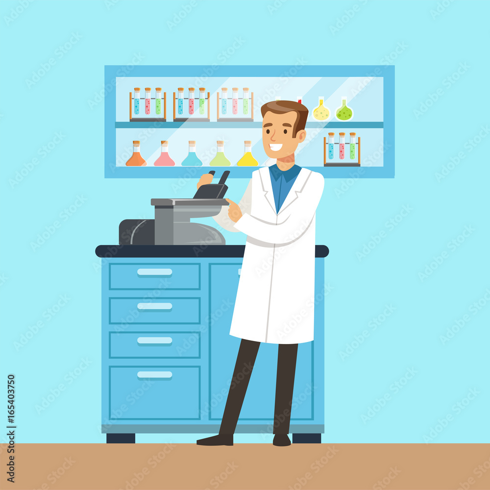Scientist male looking through microscope, investigating objects, interior of science laboratory, vector Illustration Scientist male looking through microscope, investigating objects, interior of science laboratory, vector Illustration