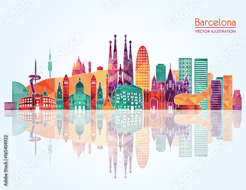 Plakat Szczegółowa sylwetka panoramę Barcelony. Podróże i turystyka w tle. Ilustracji wektorowych