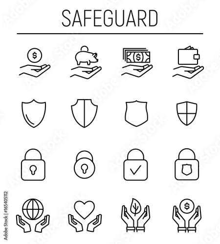 Set of safeguard icons in modern thin line style.
