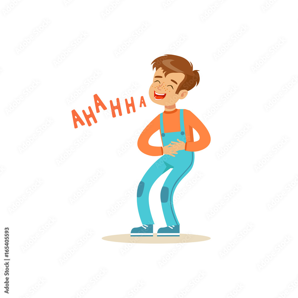 Happy boy laughing out loud and holding his stomach colorful character vector Illustration