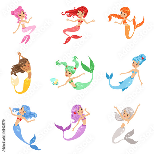 Cute fairy tale mermaid princess with colorful hair and taill set of vector Illustrations