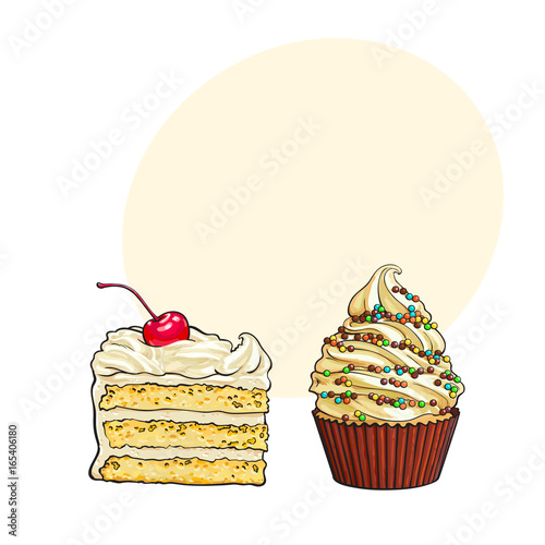 Hand drawn desserts - cupcake and piece of layered vanilla cake, sketch style vector illustration with space for text. Realistic hand drawing of cupcake and creamy cake desserts