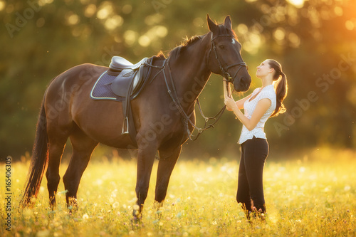 Young woman with her horse in evening sunset light