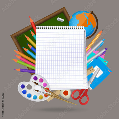 Back to school banner, poster, mockup design with blank squared notebook page and student items on the background, cartoon vector illustration. Back to school banner, mockup design with notebook page