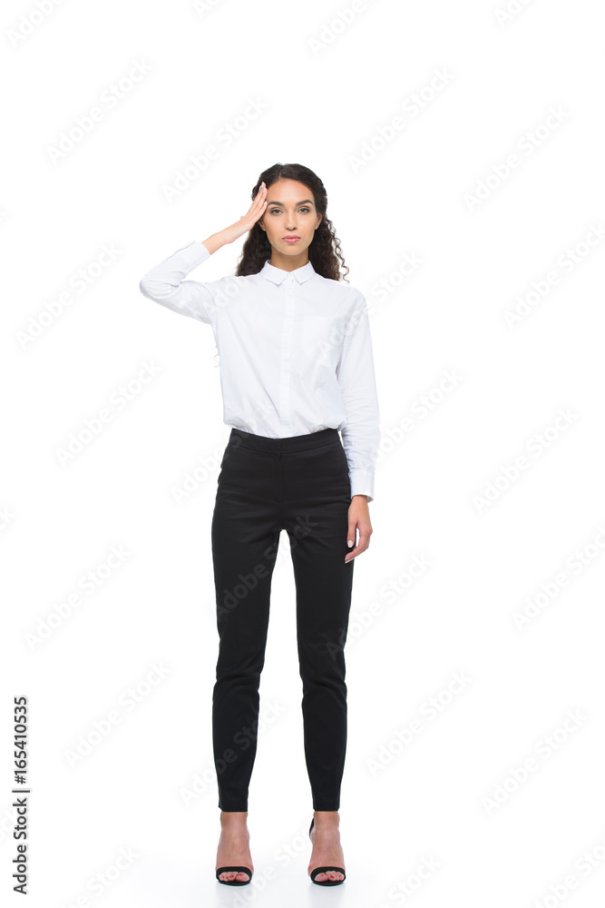 serious beautiful tired businesswoman with headache, isolated on white serious beautiful tired businesswoman with headache, isolated on white