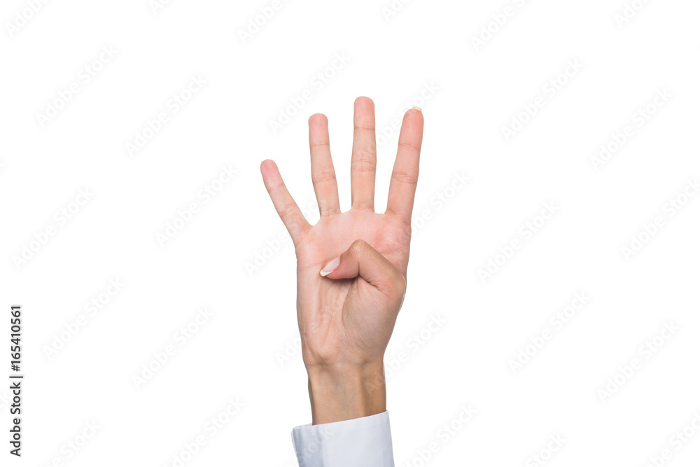 cropped view of person gesturing signed language or showing four sign, isolated on white cropped view of person gesturing signed language or showing four sign, isolated on white