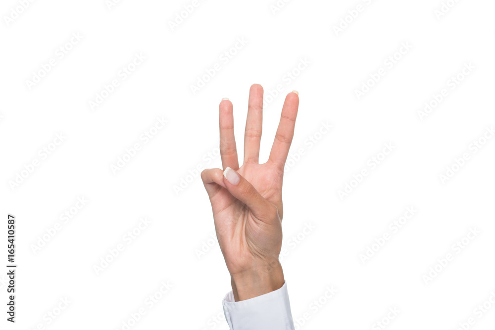 cropped view of person gesturing signed language or showing three sign, isolated on white cropped view of person gesturing signed language or showing three sign, isolated on white
