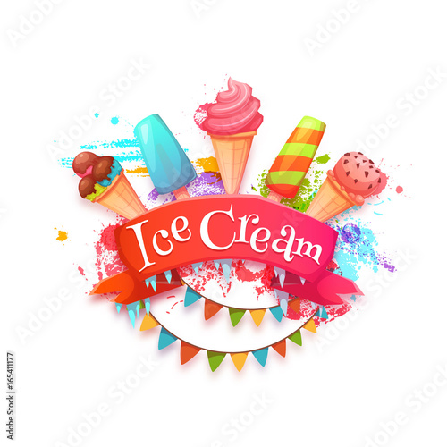 Ice cream banner with red ribbon. Vector illustration.