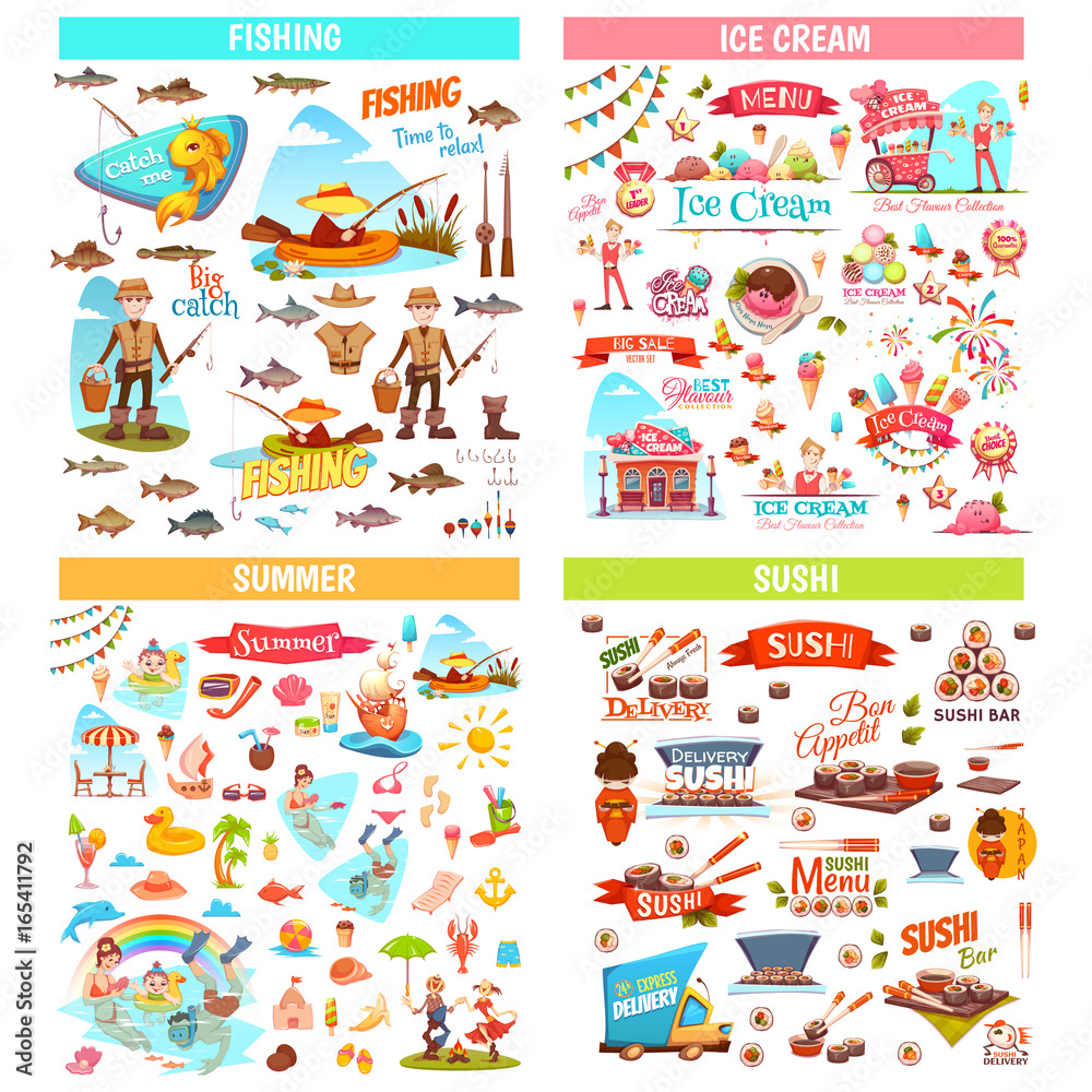 Set of different elements for fishing, ice cream, summer and sushi themes. 