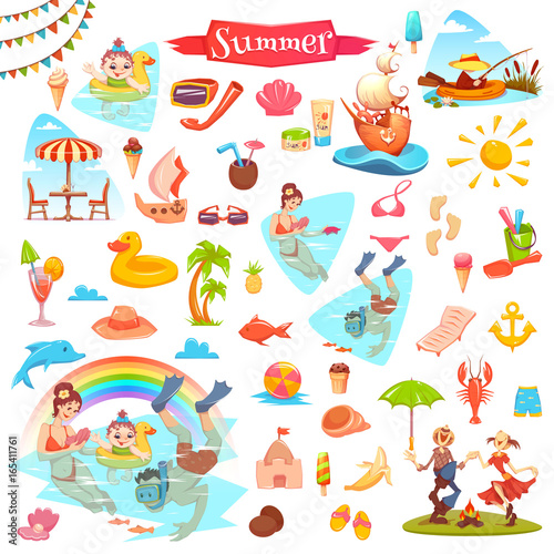 Set of different elements for fishing, ice cream, summer and sushi themes.