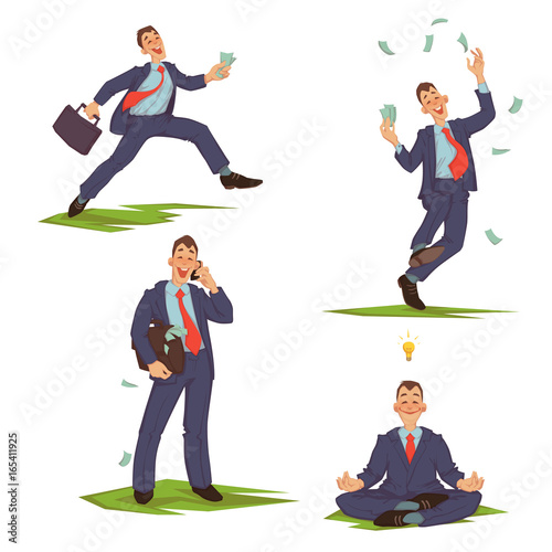 Vector illustration of businessman in formalwear running, spending money, talking phone and meditating. 