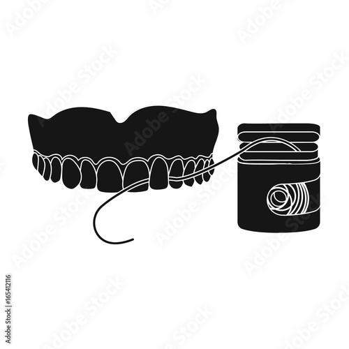 Cleaning the teeth with a Silk dental floss. Stomatology single icon in black style vector symbol stock illustration web.