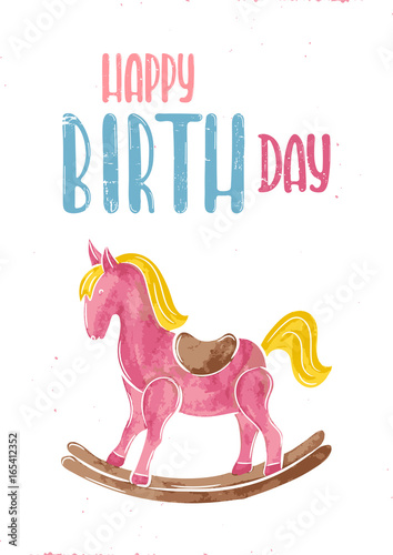 Vector hand drawn illustration. Gift card on the birthday, horse rocking chair