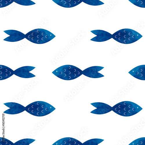 Vector watercolor seamless pattern with sea blue fish