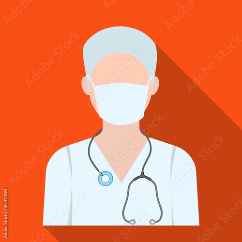 The doctor is wearing a face mask with a phonendoscope. Medicine single icon in flat style vector symbol stock illustration web.