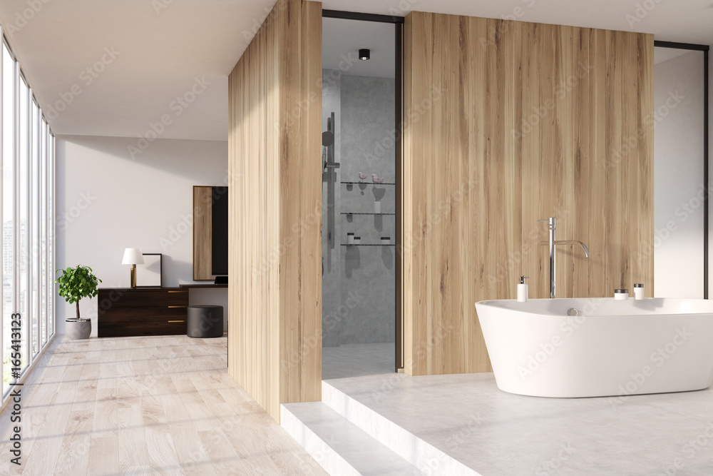 Fototapeta premium Wooden bathroom, shower, tub