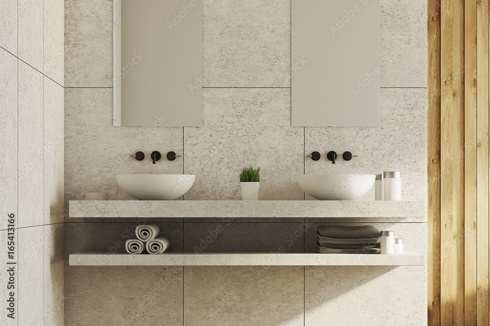 Fototapeta premium Marble and wooden bathroom, sinks