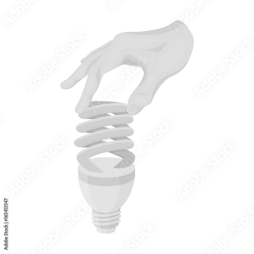 Fluorescent, saving light bulb in hand. Electric lamp single icon in monochrome style vector symbol stock illustration web.