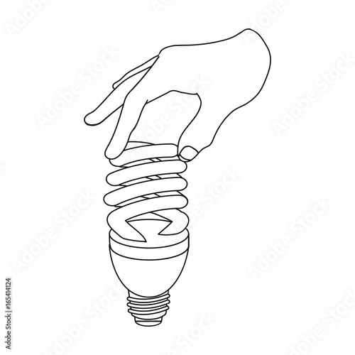 Fluorescent, saving light bulb in hand. Electric lamp single icon in outline style vector symbol stock illustration web.