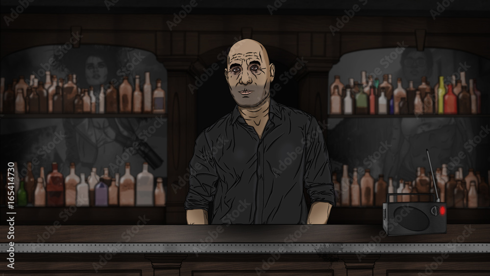 Bald barman at the bar. Portrait. Colorfull illustration