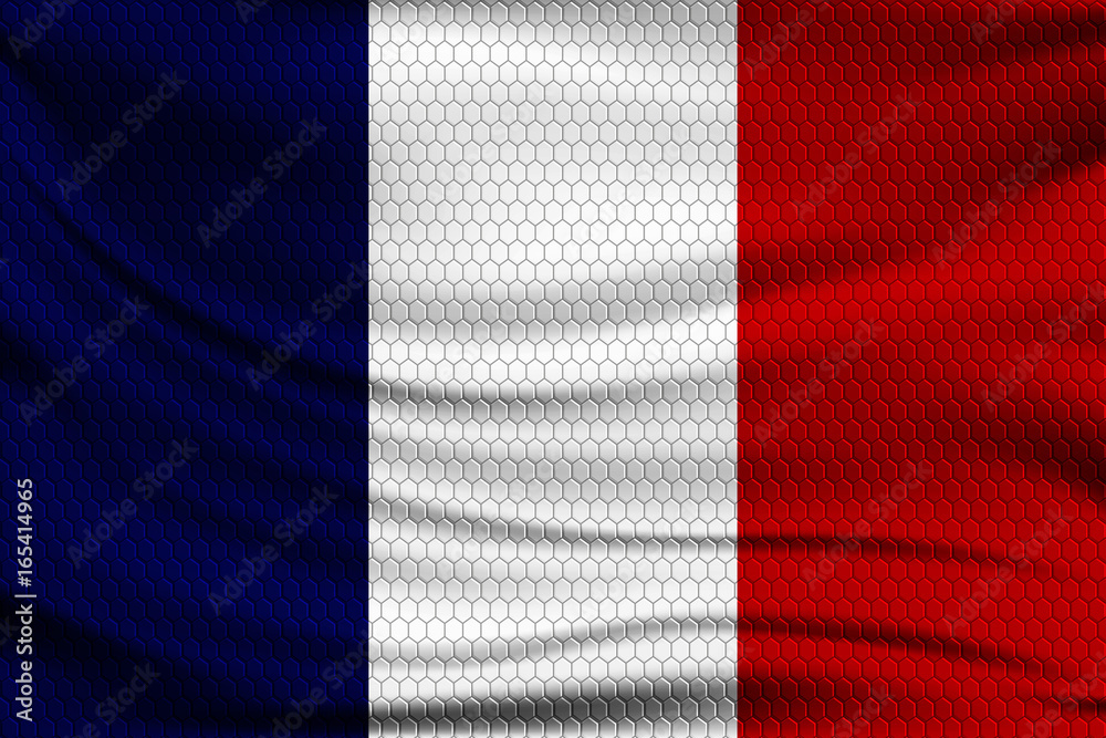 National flag of France on wavy fabric with a volumetric pattern of hexagons. Vector illustration. National flag of France on wavy fabric with a volumetric pattern of hexagons. Vector illustration.