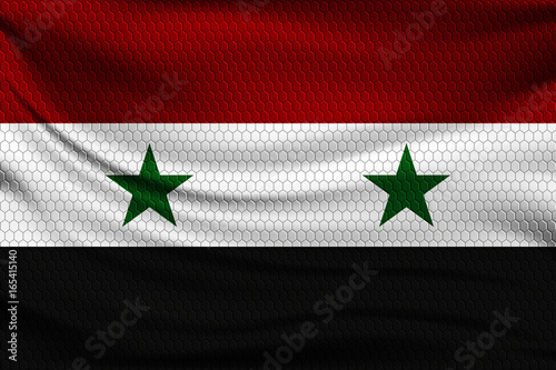 National flag of Syria on wavy fabric with a volumetric pattern of hexagons. Vector illustration.