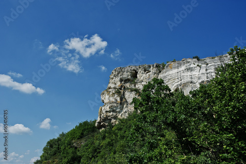 Stunning mountain surrounded by forest with a blue sky on the background.