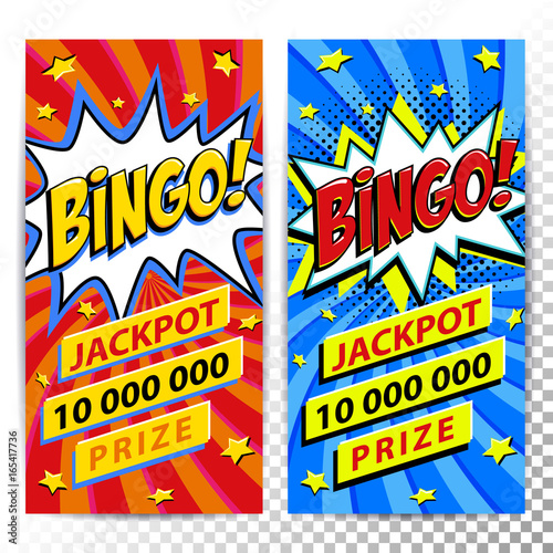 Bingo lottery web banners. Lottery game background. Comics pop-art style bang shape on a red twisted background. Ideal for web banners.