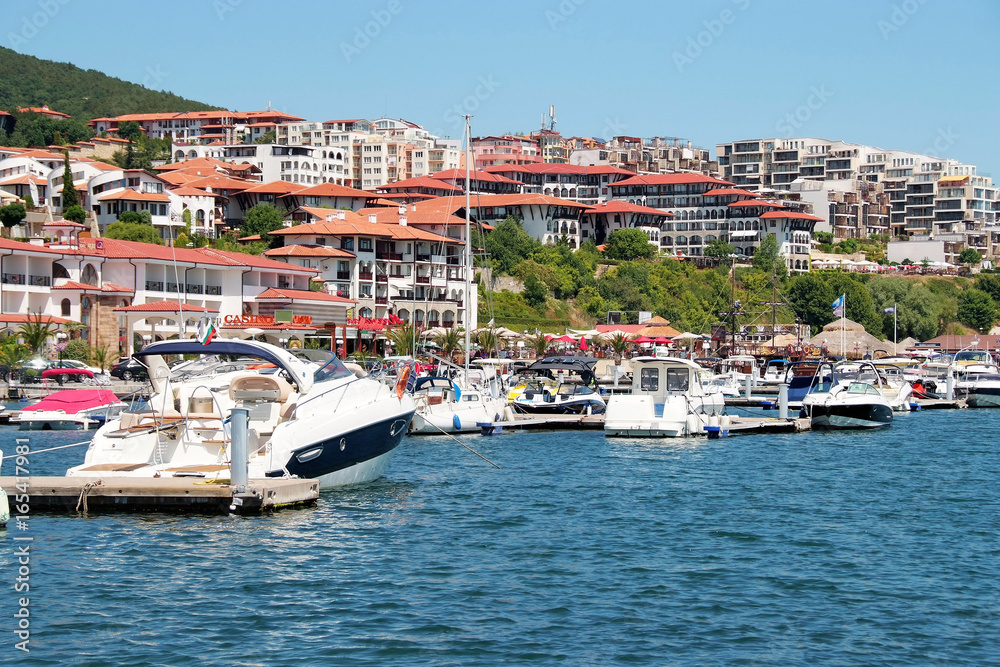 Bay ,Marina, motor boats and boats on the black sea in Bulgaria in the resort a Beautiful view of the mountains hotels