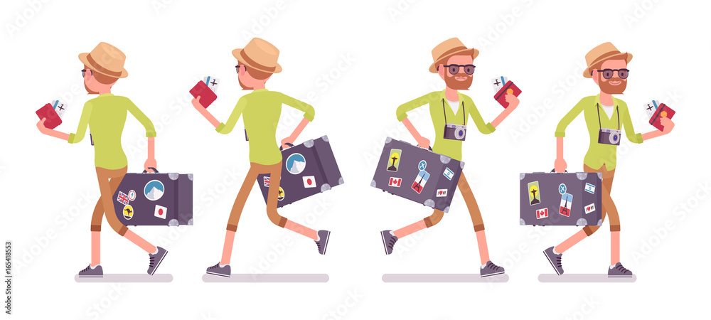 Tourist man with luggage walking and running Tourist man with luggage walking and running