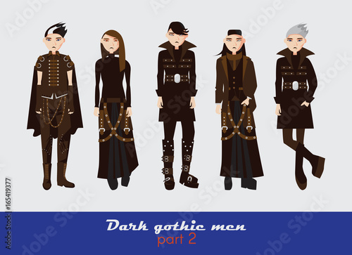 Vector set with dark gothic young men. Guys standing and watching at spectator. Dark clothes in goth style isolated on background.