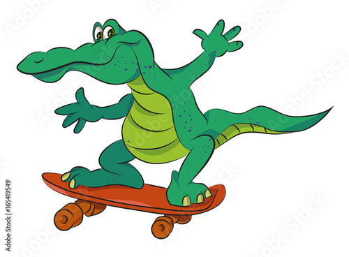 Cartoon image of amazing skateboarding alligator. An artistic freehand picture.
