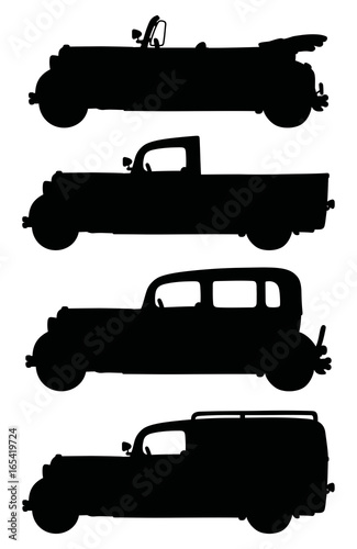 Black silhouettes of vintage cars