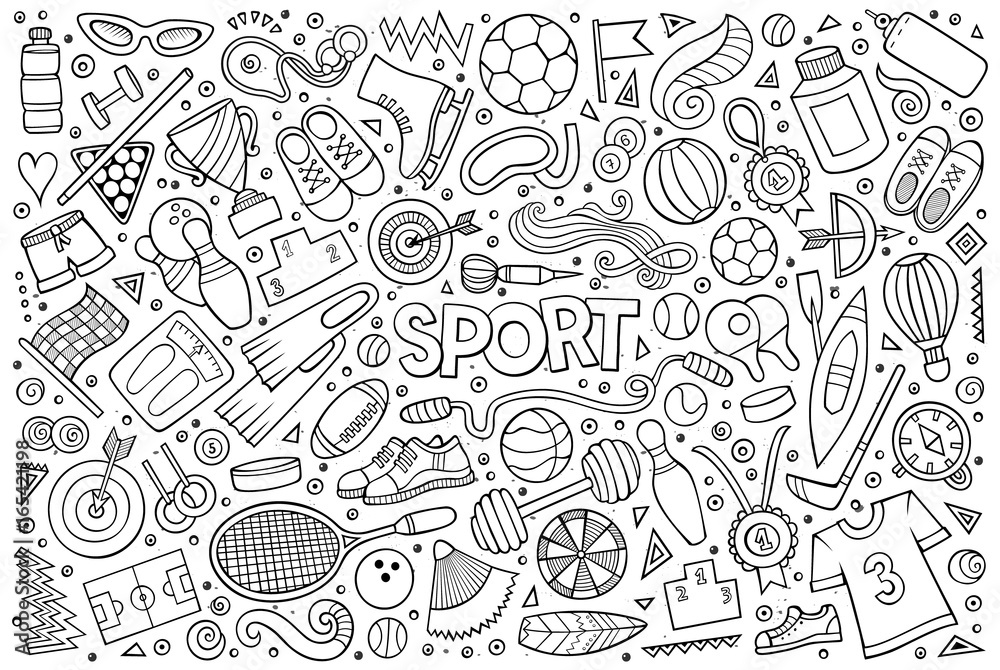Doodle cartoon set of Sport objects and symbols Doodle cartoon set of Sport objects and symbols