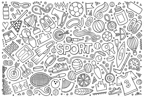 Doodle cartoon set of Sport objects and symbols