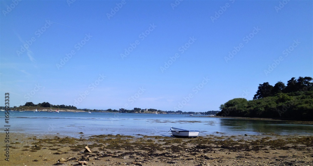 Boat stranded on a beach of Ile aux moines in Gulf of Morbihan, Brittany, France