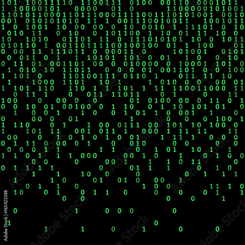 Binary code green and dark background, digits on screen. Algorithm binary, data code, decryption and encoding, row matrix, vector illustration.