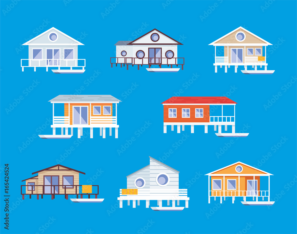 Small lodge on piles. Vector clip arts set.
